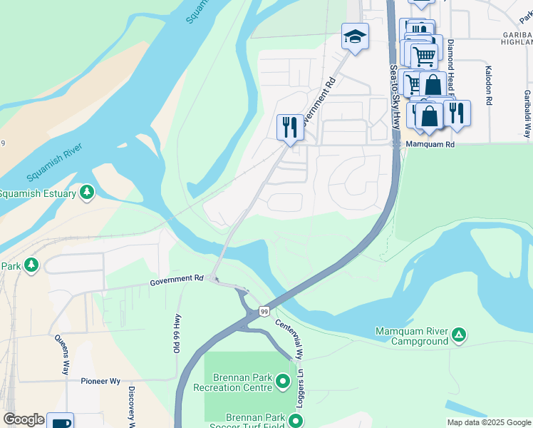 map of restaurants, bars, coffee shops, grocery stores, and more near 39920 Government Road in Squamish