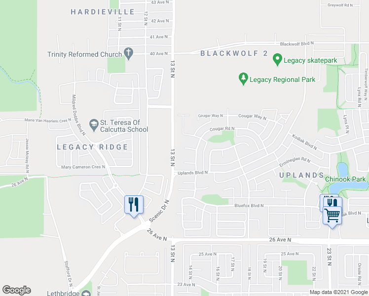 map of restaurants, bars, coffee shops, grocery stores, and more near 33 Cougar Place North in Lethbridge