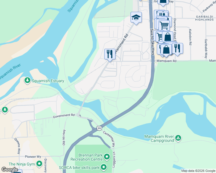 map of restaurants, bars, coffee shops, grocery stores, and more near 39920 Government Road in Squamish