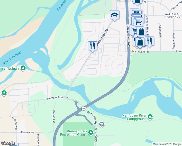 map of restaurants, bars, coffee shops, grocery stores, and more near 39980-39988 Government Road in Squamish