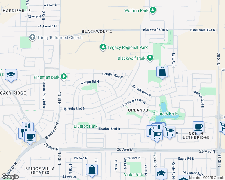map of restaurants, bars, coffee shops, grocery stores, and more near 135 Cougar Road North in Lethbridge