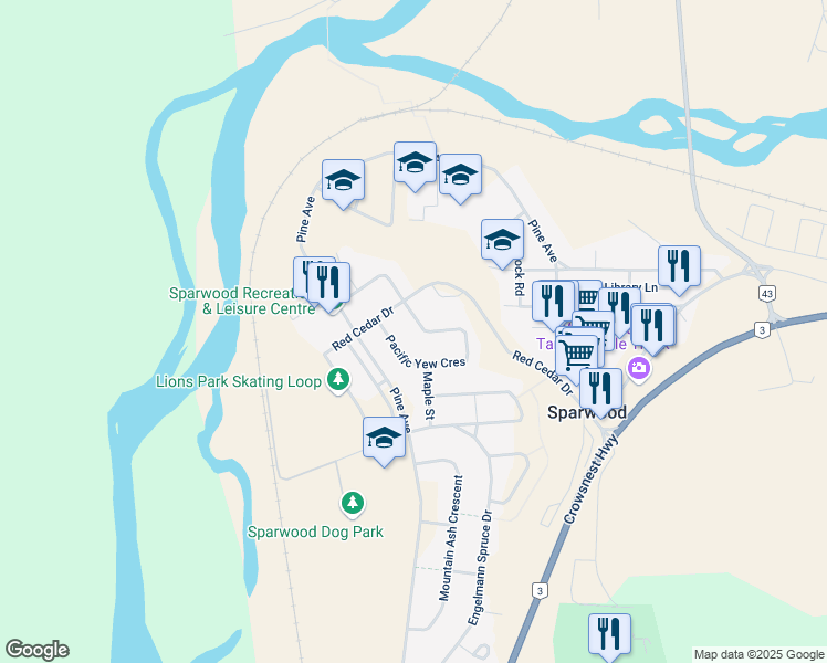 map of restaurants, bars, coffee shops, grocery stores, and more near 310 Pacific Yew Crescent in Sparwood