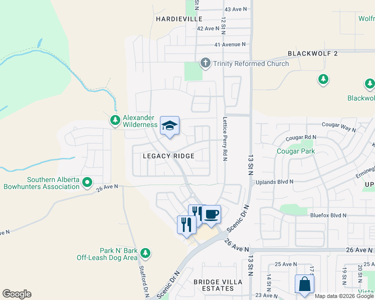 map of restaurants, bars, coffee shops, grocery stores, and more near 514 Edith Emma Coe Road North in Lethbridge