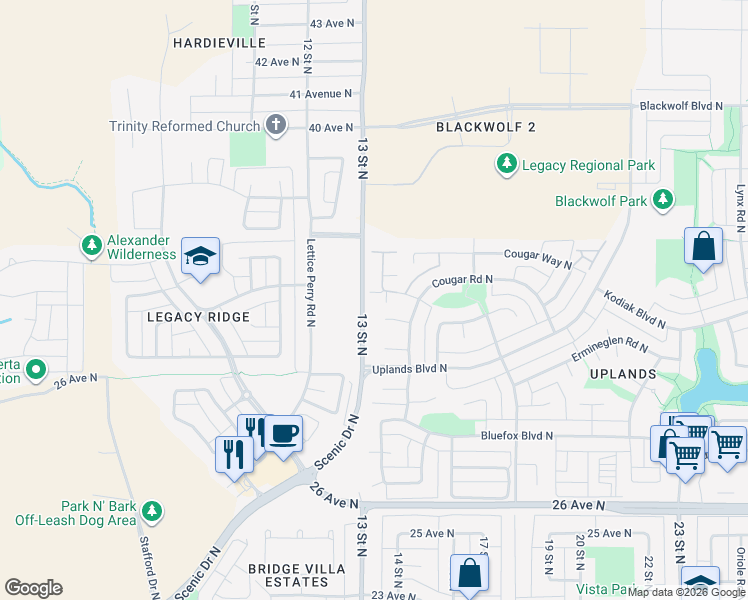 map of restaurants, bars, coffee shops, grocery stores, and more near 33 Cougar Place North in Lethbridge