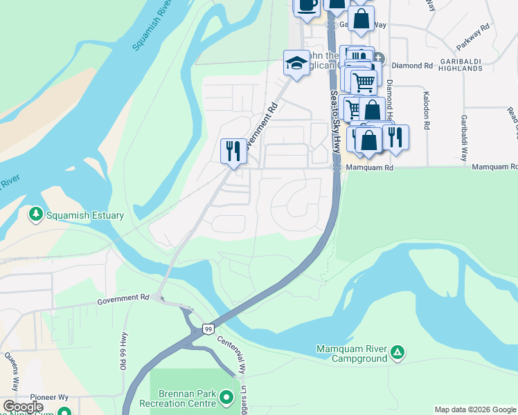 map of restaurants, bars, coffee shops, grocery stores, and more near 1800 Mamquam Road in Squamish