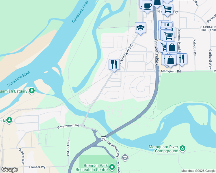 map of restaurants, bars, coffee shops, grocery stores, and more near 39988 Government Road in Squamish