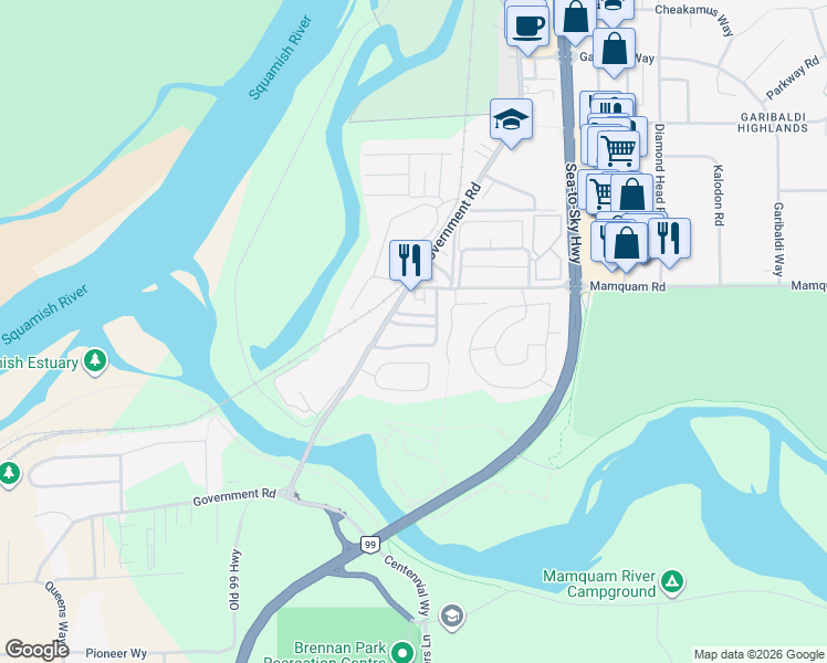 map of restaurants, bars, coffee shops, grocery stores, and more near in Squamish