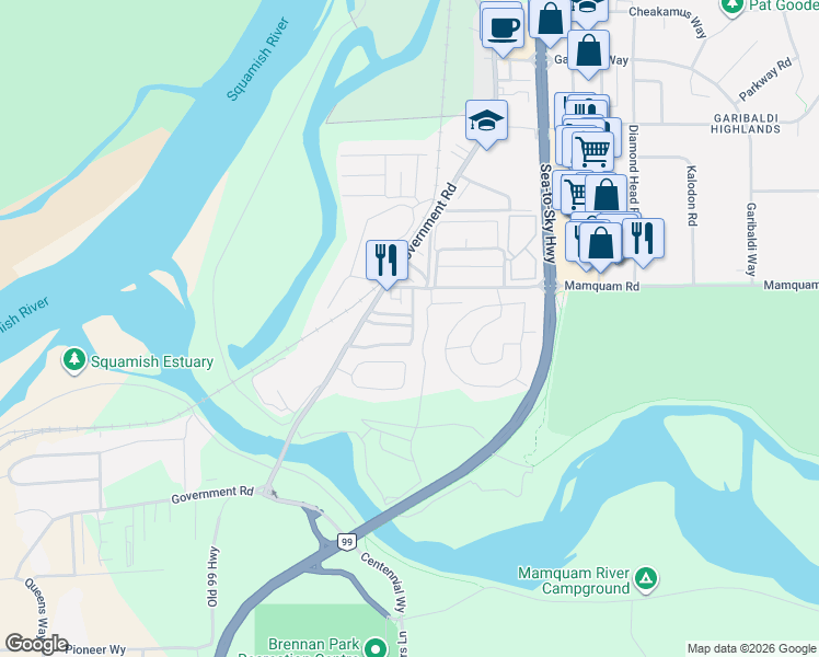 map of restaurants, bars, coffee shops, grocery stores, and more near 40022 Government Road in Squamish