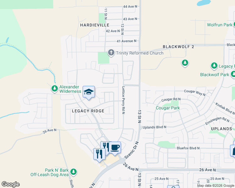 map of restaurants, bars, coffee shops, grocery stores, and more near 720 Florence Ho Leong Crescent North in Lethbridge