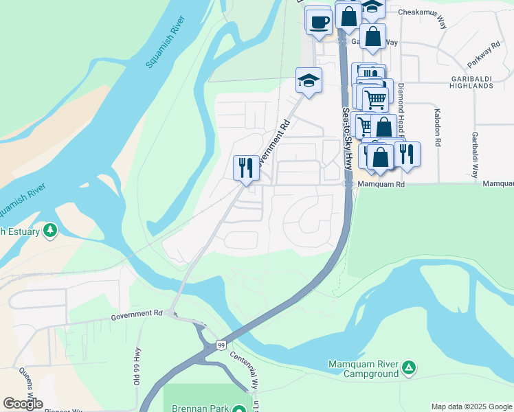 map of restaurants, bars, coffee shops, grocery stores, and more near 40022 Government Road in Squamish