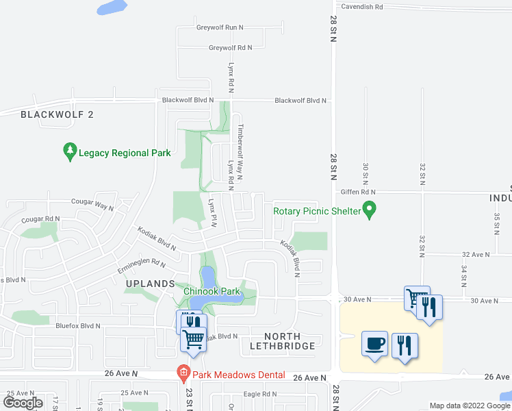 map of restaurants, bars, coffee shops, grocery stores, and more near 186 Lynx Cove North in Lethbridge