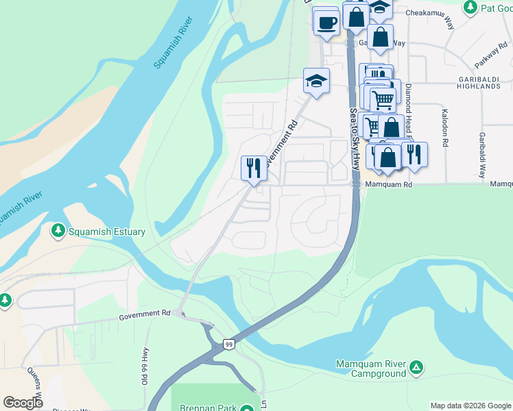 map of restaurants, bars, coffee shops, grocery stores, and more near 40022 Government Road in Squamish