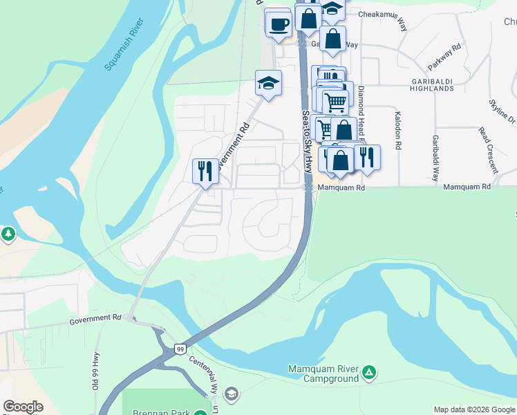 map of restaurants, bars, coffee shops, grocery stores, and more near 168 Timbertown Trailer Court in Squamish