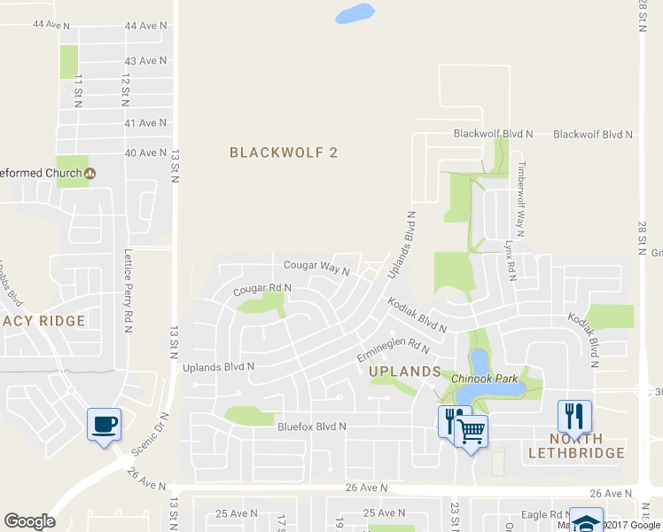 map of restaurants, bars, coffee shops, grocery stores, and more near 257 Cougar Way North in Lethbridge