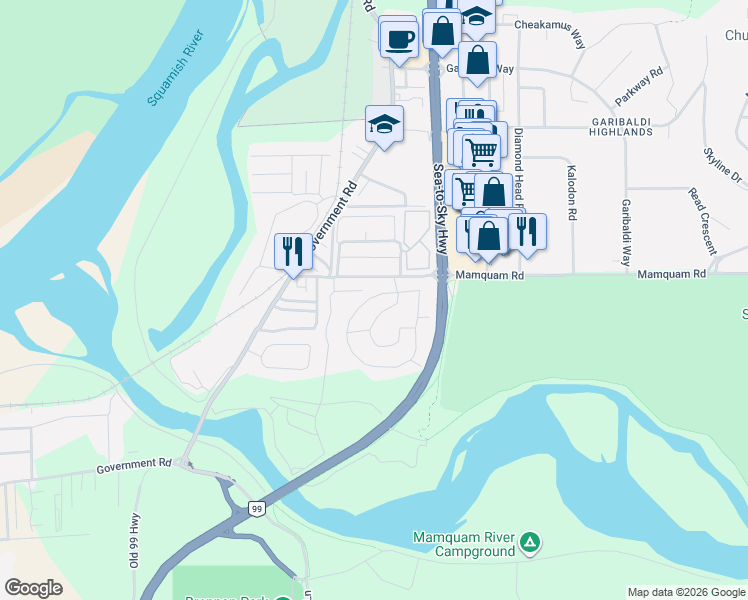 map of restaurants, bars, coffee shops, grocery stores, and more near 168 Timbertown Trailer Court in Squamish