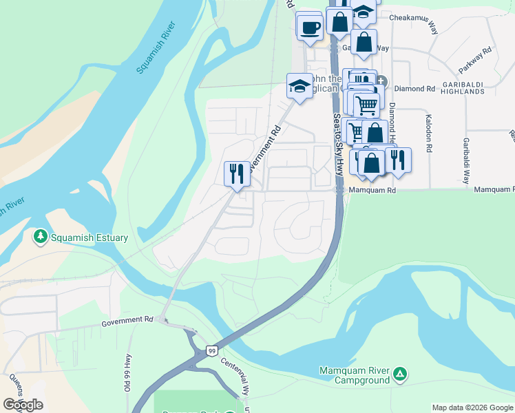 map of restaurants, bars, coffee shops, grocery stores, and more near 40022 Government Road in Squamish