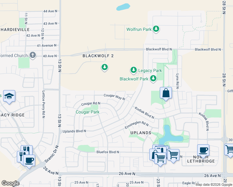 map of restaurants, bars, coffee shops, grocery stores, and more near 257 Cougar Way North in Lethbridge