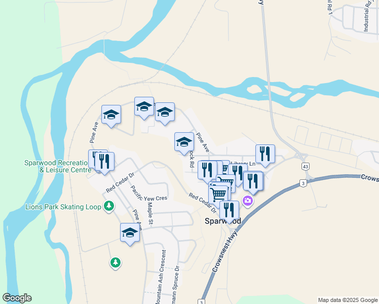 map of restaurants, bars, coffee shops, grocery stores, and more near 176 Hemlock Road in Sparwood
