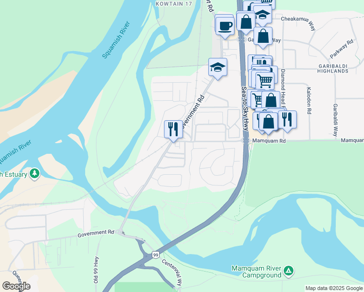 map of restaurants, bars, coffee shops, grocery stores, and more near 1700 Mamquam Road in Squamish
