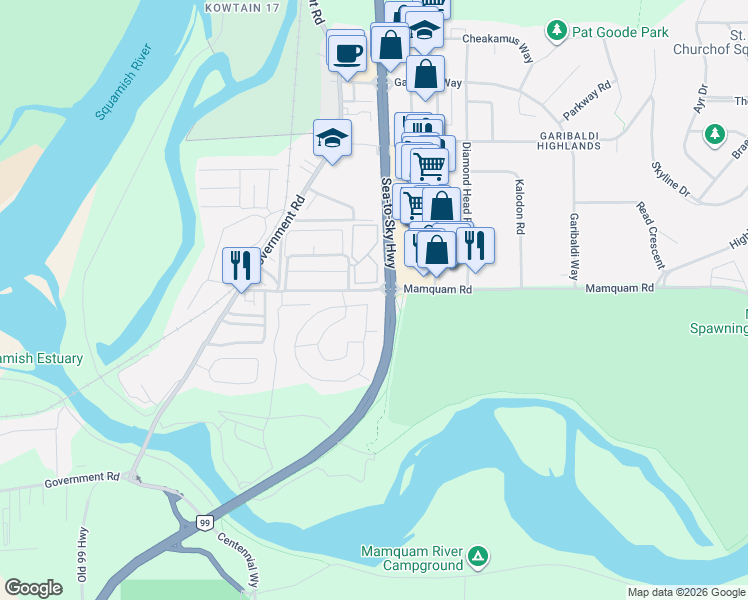 map of restaurants, bars, coffee shops, grocery stores, and more near 1830 Mamquam Road in Squamish