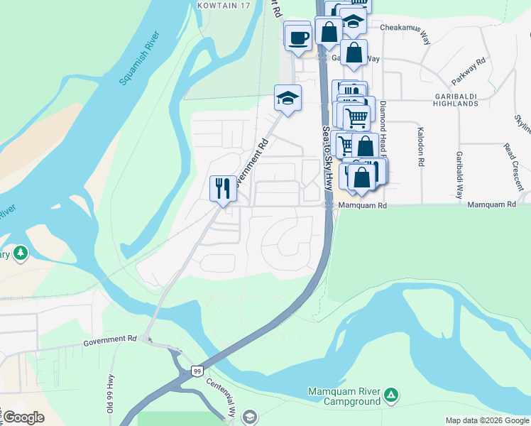 map of restaurants, bars, coffee shops, grocery stores, and more near 1800 Mamquam Road in Squamish