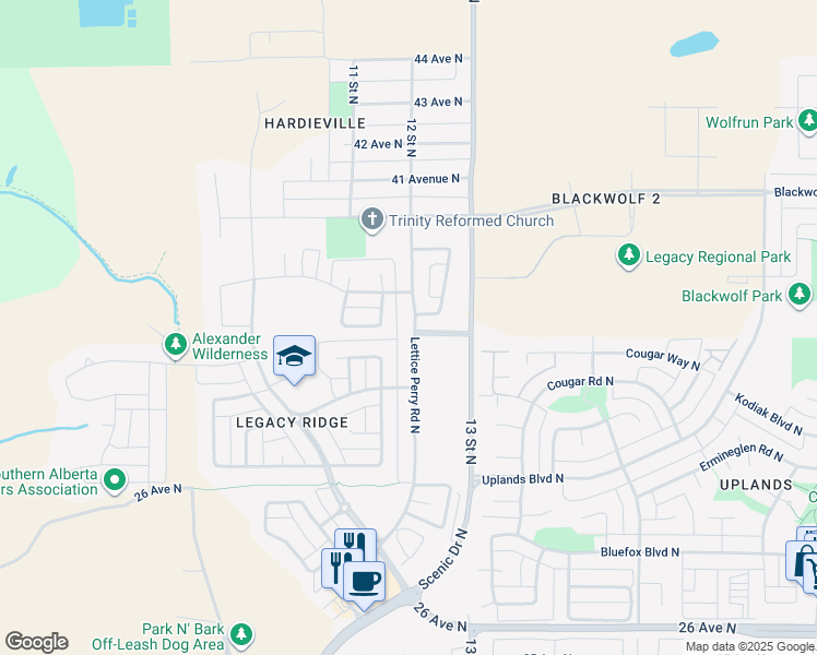 map of restaurants, bars, coffee shops, grocery stores, and more near 612 Margaret Sutherland Crescent North in Lethbridge