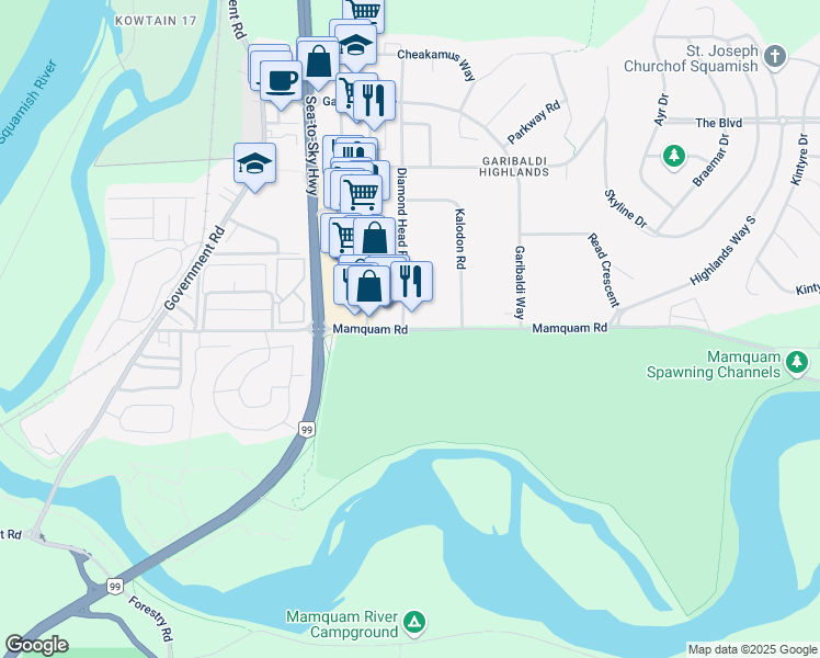 map of restaurants, bars, coffee shops, grocery stores, and more near 1827 Mamquam Road in Squamish