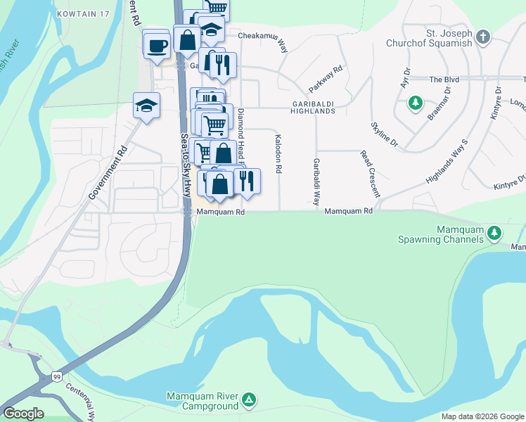 map of restaurants, bars, coffee shops, grocery stores, and more near 1959 Mamquam Road in Squamish