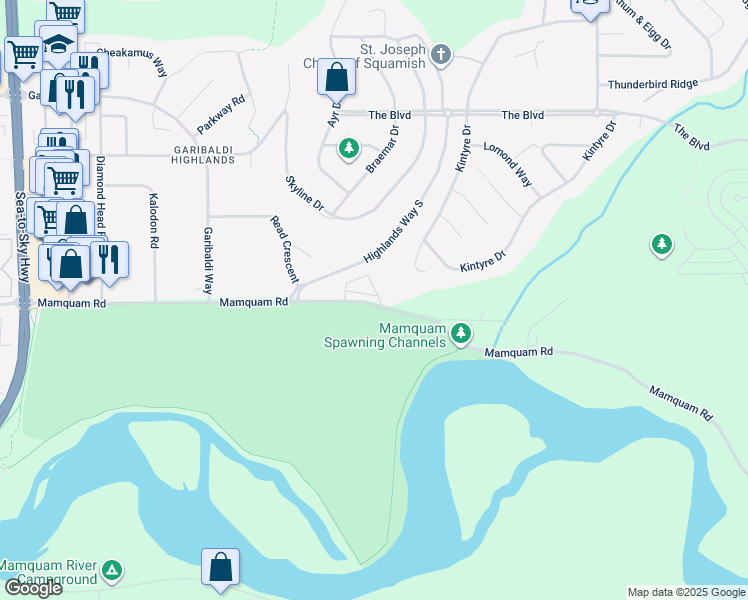 map of restaurants, bars, coffee shops, grocery stores, and more near 2401 Mamquam Road in Squamish