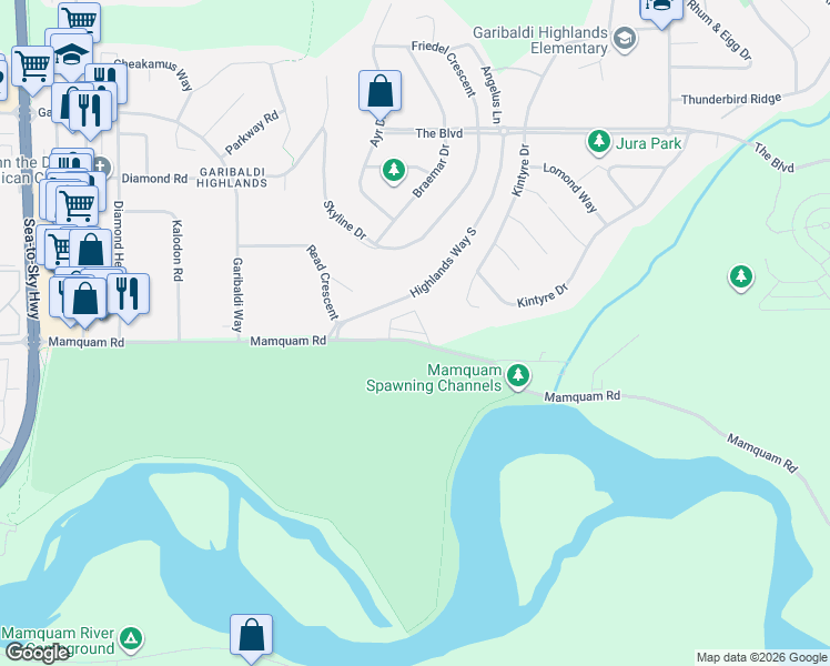 map of restaurants, bars, coffee shops, grocery stores, and more near 2401 Mamquam Road in Squamish
