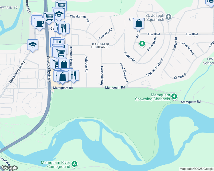 map of restaurants, bars, coffee shops, grocery stores, and more near 2111 Mamquam Road in Squamish