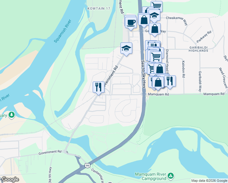 map of restaurants, bars, coffee shops, grocery stores, and more near 1807 Willow Crescent in Squamish