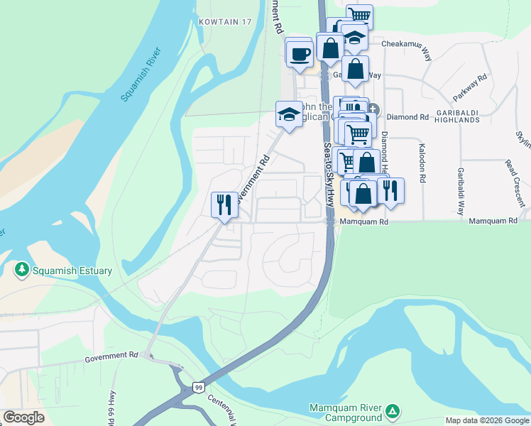 map of restaurants, bars, coffee shops, grocery stores, and more near 1809 Mamquam Road in Squamish