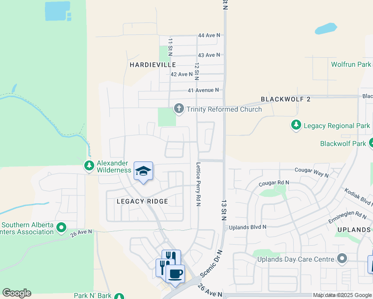 map of restaurants, bars, coffee shops, grocery stores, and more near 612 Margaret Sutherland Crescent North in Lethbridge
