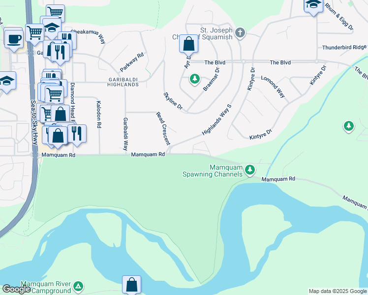 map of restaurants, bars, coffee shops, grocery stores, and more near 2323 Mamquam Road in Squamish
