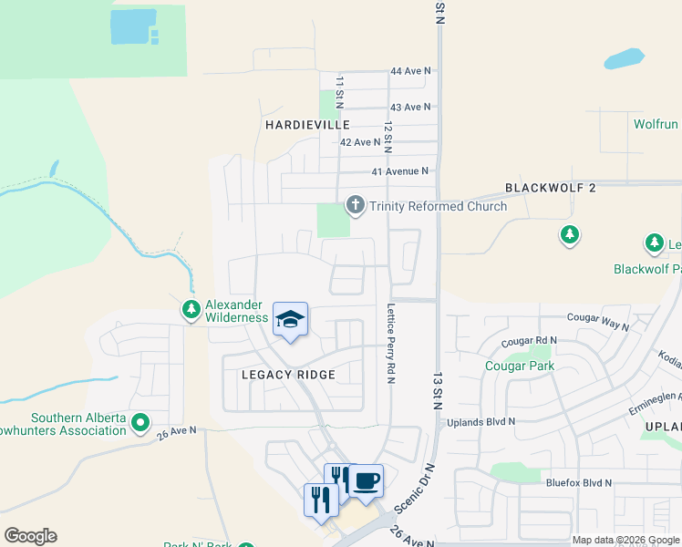 map of restaurants, bars, coffee shops, grocery stores, and more near 66 Haru Moriyama Road North in Lethbridge