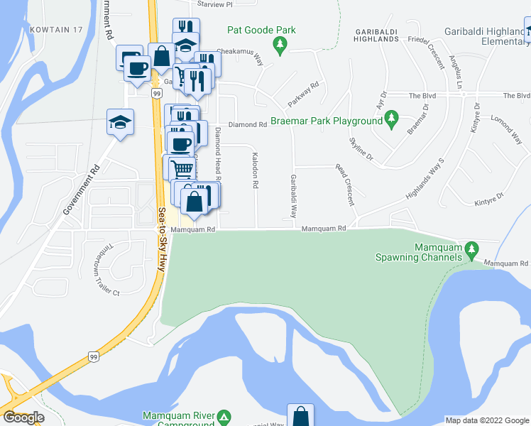 map of restaurants, bars, coffee shops, grocery stores, and more near 40114 Kalodon Road in Squamish