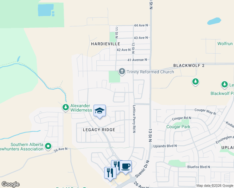 map of restaurants, bars, coffee shops, grocery stores, and more near 66 Haru Moriyama Road North in Lethbridge
