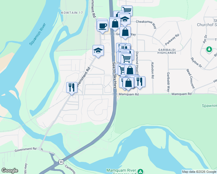 map of restaurants, bars, coffee shops, grocery stores, and more near 40120 Willow Crescent in Squamish