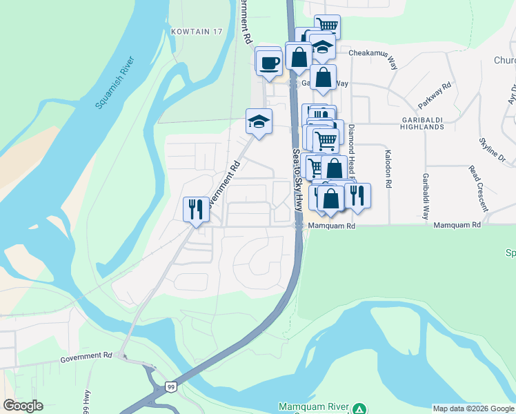 map of restaurants, bars, coffee shops, grocery stores, and more near 1824 Willow Crescent in Squamish