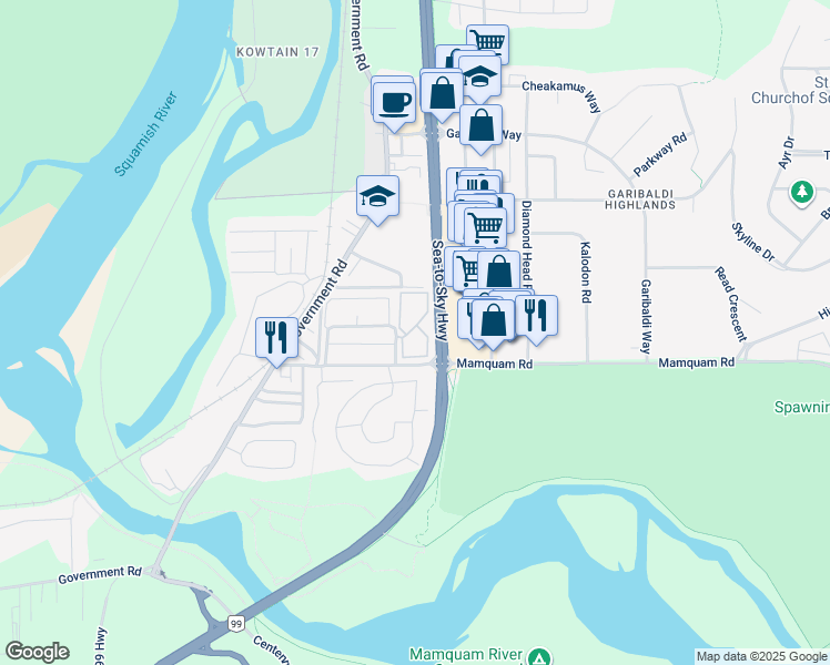 map of restaurants, bars, coffee shops, grocery stores, and more near 40120 Willow Crescent in Squamish
