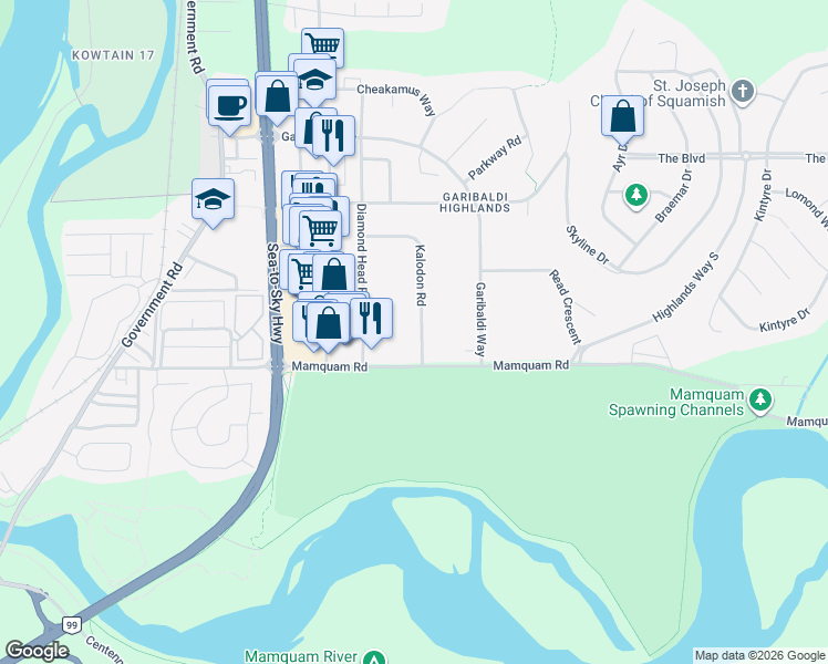 map of restaurants, bars, coffee shops, grocery stores, and more near 40114 Kalodon Road in Squamish