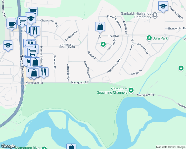map of restaurants, bars, coffee shops, grocery stores, and more near 2278 Read Place in Squamish