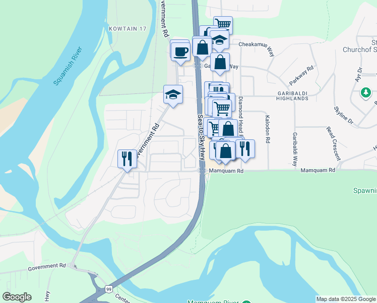 map of restaurants, bars, coffee shops, grocery stores, and more near 40140 Willow Crescent in Squamish