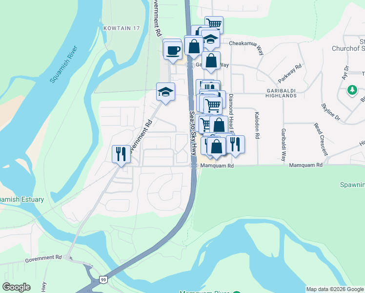 map of restaurants, bars, coffee shops, grocery stores, and more near 40140 Willow Crescent in Squamish