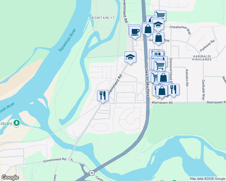 map of restaurants, bars, coffee shops, grocery stores, and more near 1807 Willow Crescent in Squamish