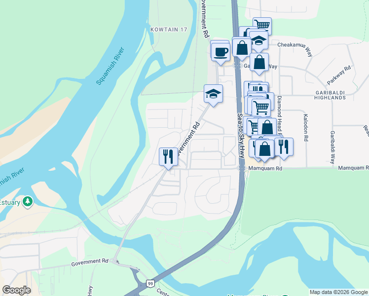 map of restaurants, bars, coffee shops, grocery stores, and more near 40166 Government Road in Squamish