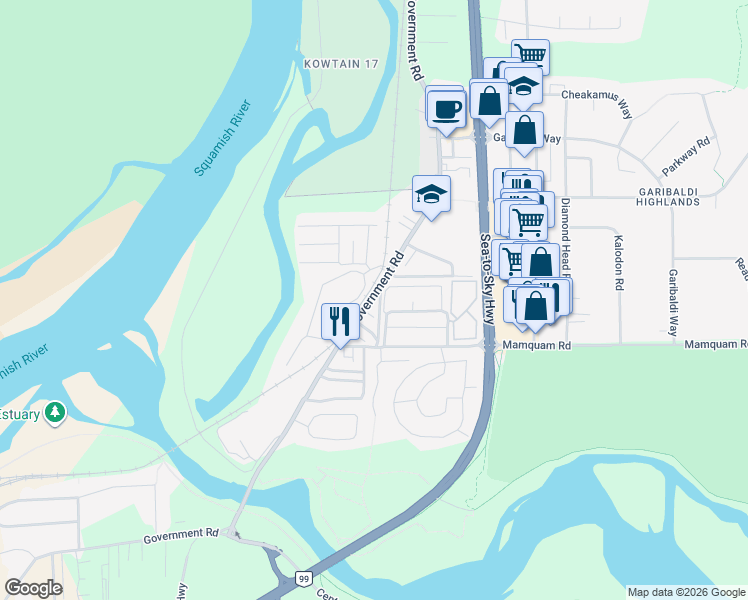 map of restaurants, bars, coffee shops, grocery stores, and more near in Squamish