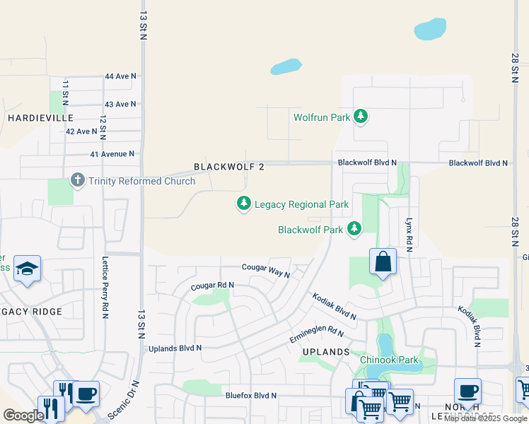 map of restaurants, bars, coffee shops, grocery stores, and more near 216 Cougar Way North in Lethbridge
