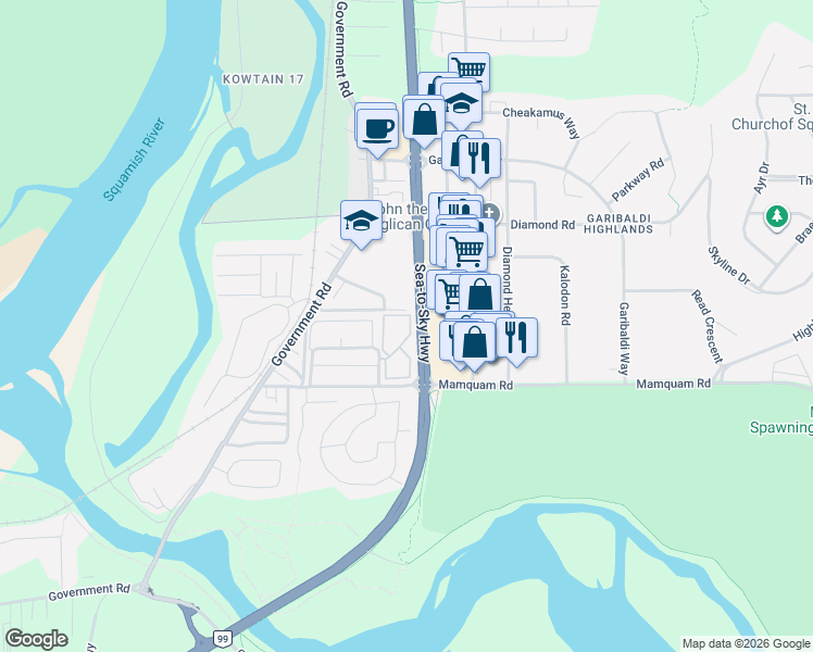 map of restaurants, bars, coffee shops, grocery stores, and more near 40180 Willow Crescent in Squamish